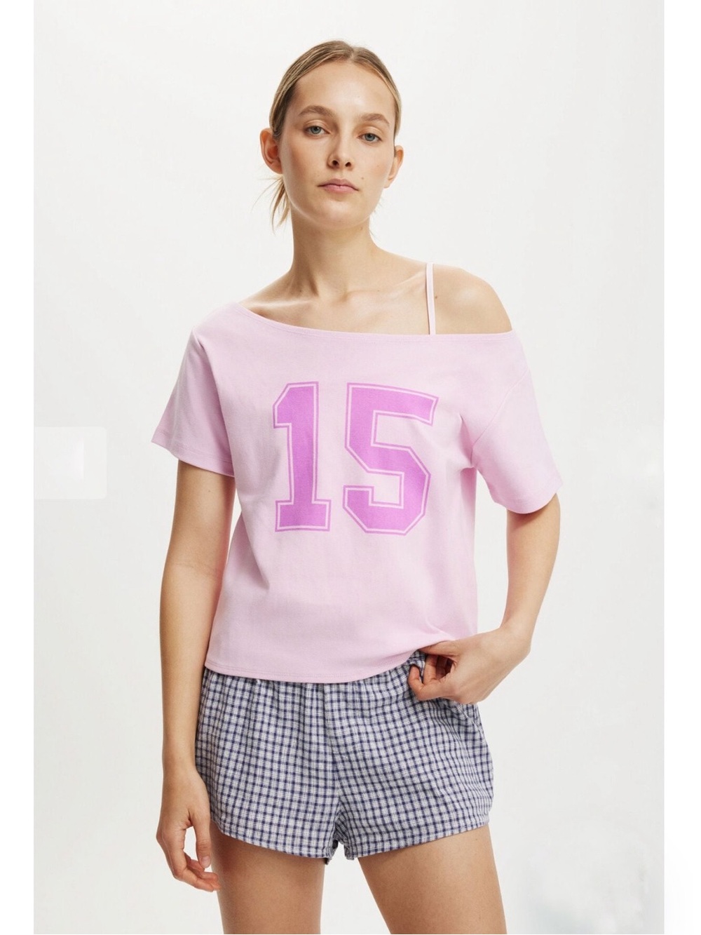 NWOT Cotton:On The Sporty Off Shoulder Graphic Tee in Lavender, sz XS